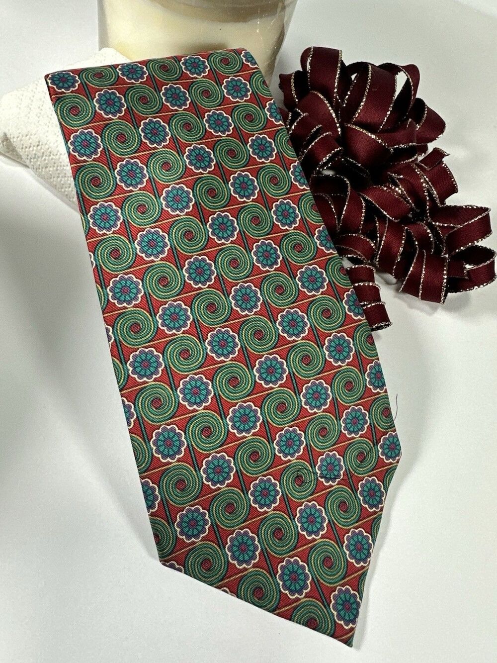 American Outpost Vintage Silk Tie – Red & Teal Psychedelic Floral Spiral